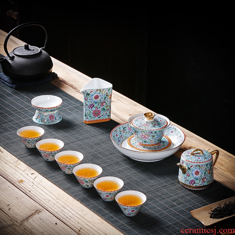 Jingdezhen colored enamel kung fu tea set suit household tureen teapot office of a complete set of tea cups gift boxes