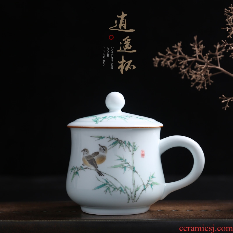 Jingdezhen ceramics with cover glass shadow green creative contracted keller large capacity water home office tea cup
