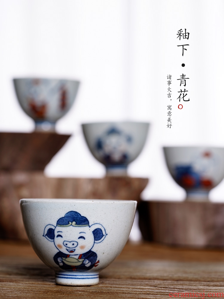 Jingdezhen blue and white porcelain sample tea cup masters cup of pure manual hand - made big pig single cup suit kung fu tea cups