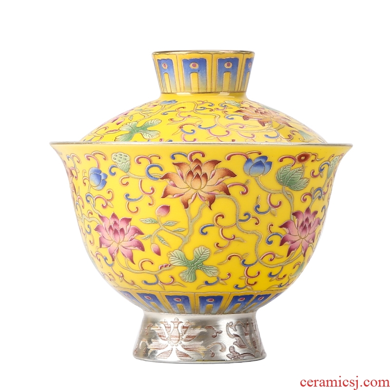 Tureen large jingdezhen colored enamel cups tea authentic silver Tureen silver 999 kungfu ceramic three bowls