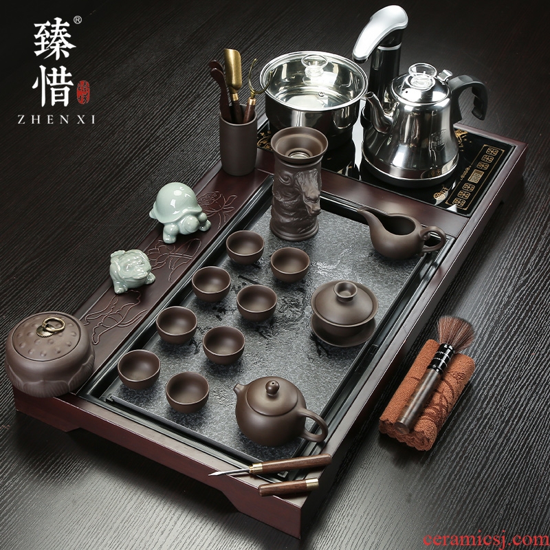 Become precious little violet arenaceous kung fu tea set suit household contracted ceramic tea cup pot of electric magnetic furnace solid wood tea tray