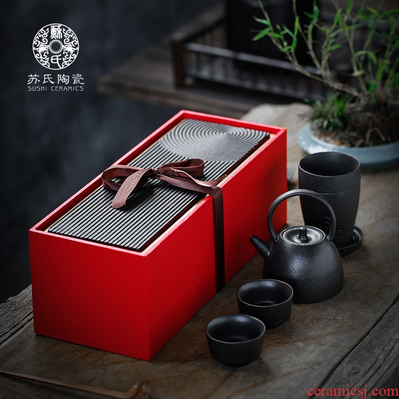 His black pottery ceramic Japanese zen tea set a pot of two cups of household gifts portable travel tea set gift box