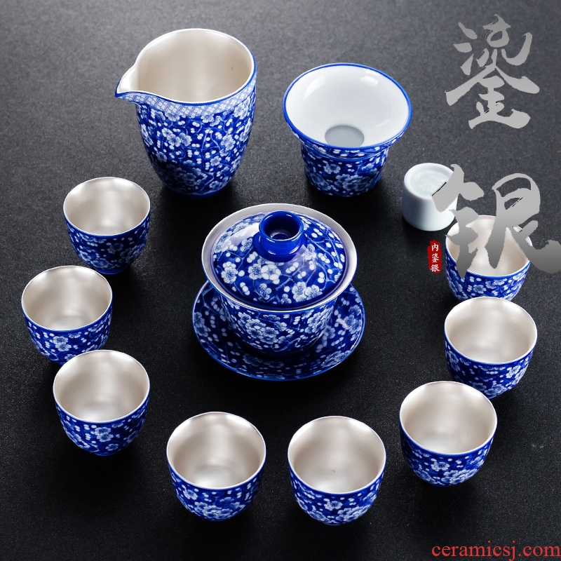 NiuRen kung fu tea set of blue and white porcelain coppering. As silver tea sets, 999 sterling silver tureen home office tea