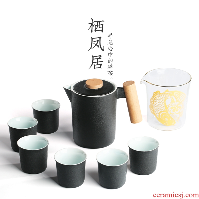 Habitat chicken at home with the whole set of kung fu tea set ceramic wood, a pot of six cups of filtering contracted cup gift boxes