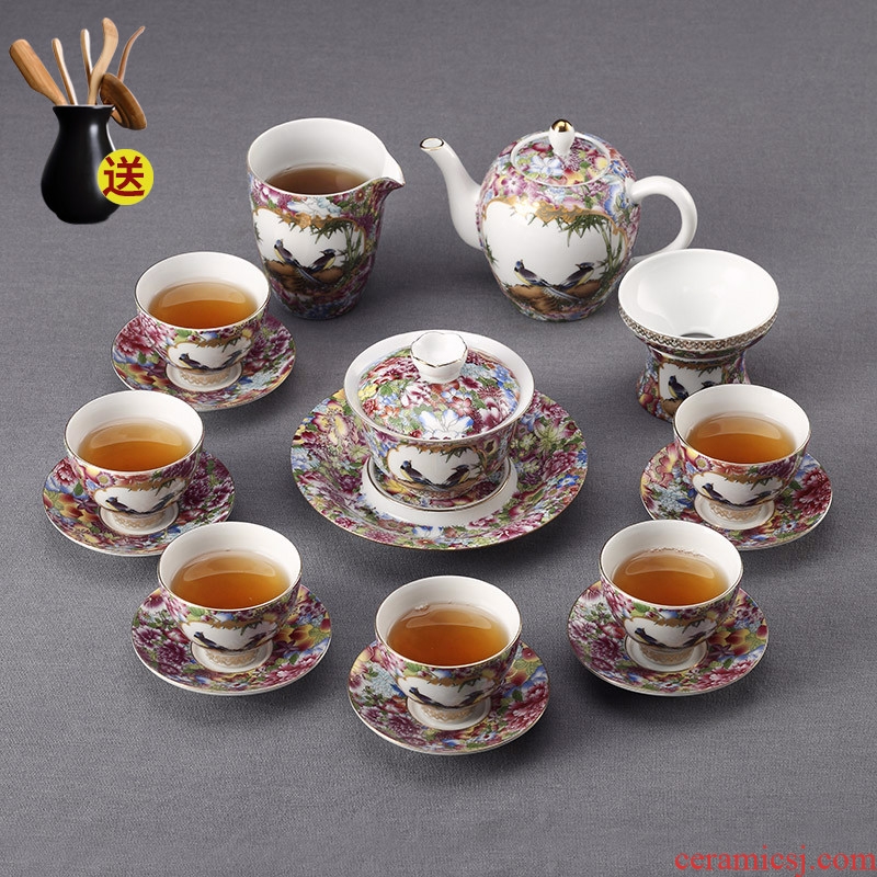 Contracted and I jingdezhen ceramic kung fu tea set of a complete set of hand draw colored enamel make tea cup teapot set home