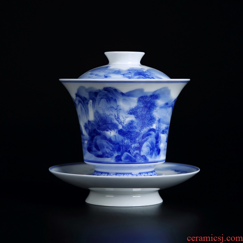 Jingdezhen ceramic manual hand - made tureen single tea cups three only blue and white porcelain bowl large tea sets