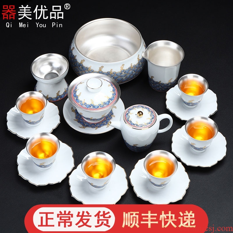 Implement the optimal product kung fu tea set colored enamel coppering. As silver tureen small of a complete set of ceramic tea cups to wash the teapot cup mat