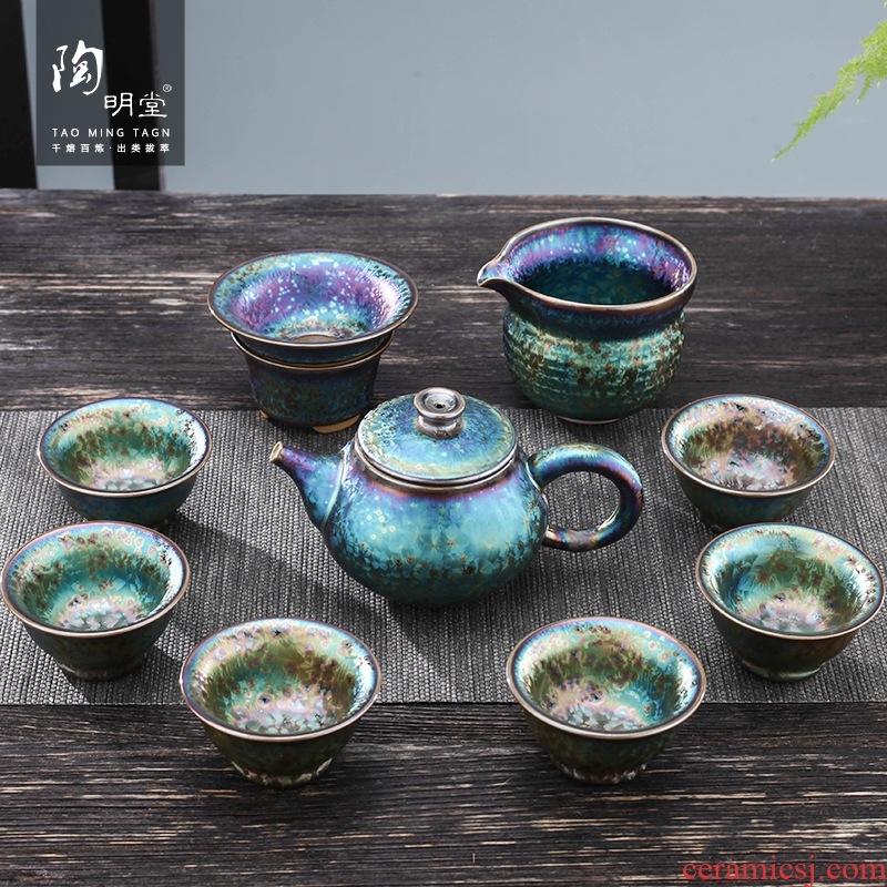 TaoMingTang variable colorful peacocks masterpieces temmoku glaze built light tea home outfit with silver cups