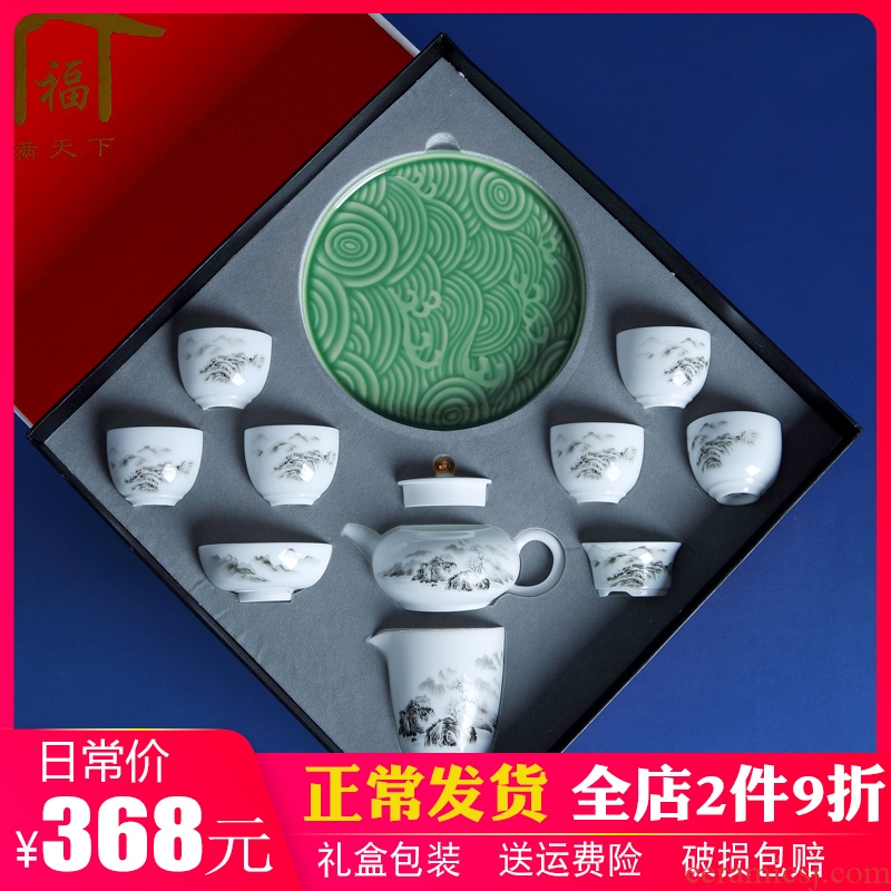 Jingdezhen ceramic kung fu tea set suit household ink small teapot teacup tea tray was Chinese style of a complete set of living room