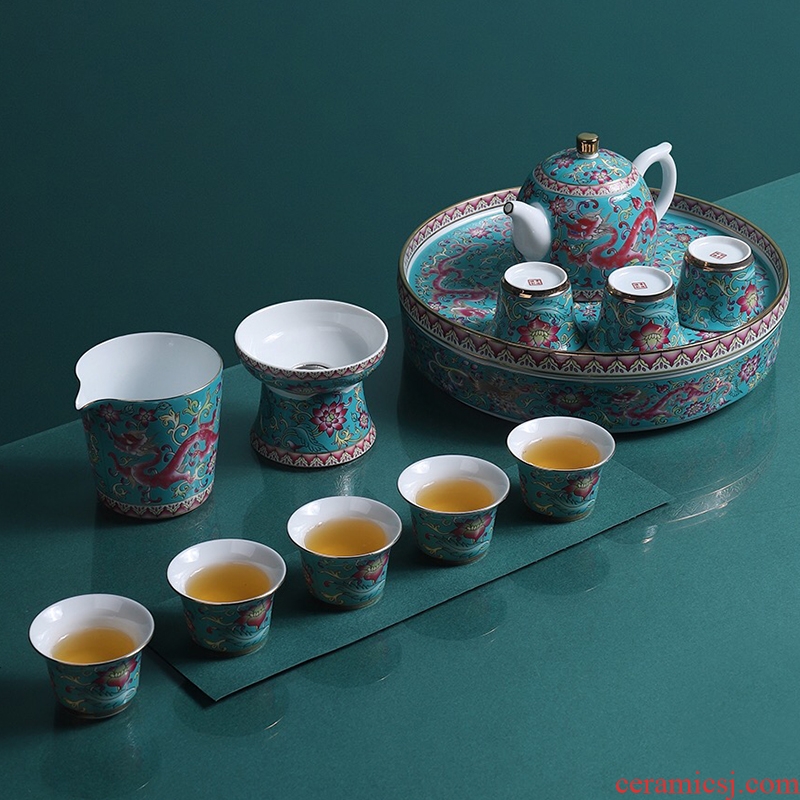 Artisan fairy tea set ceramic enamel contracted household take tea tray of a complete set of Chinese kung fu tea set gift boxes