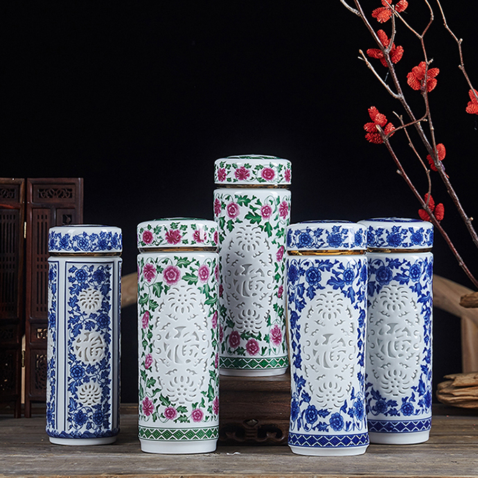 Men and women of jingdezhen blue and white porcelain cup double office cup with cover glass ceramic hollow out the vacuum tank