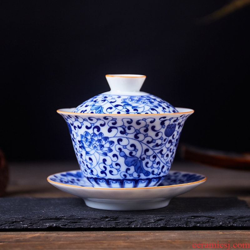 The Was kung fu suit tureen jingdezhen blue and white porcelain three to make tea cup household '200 cc ml