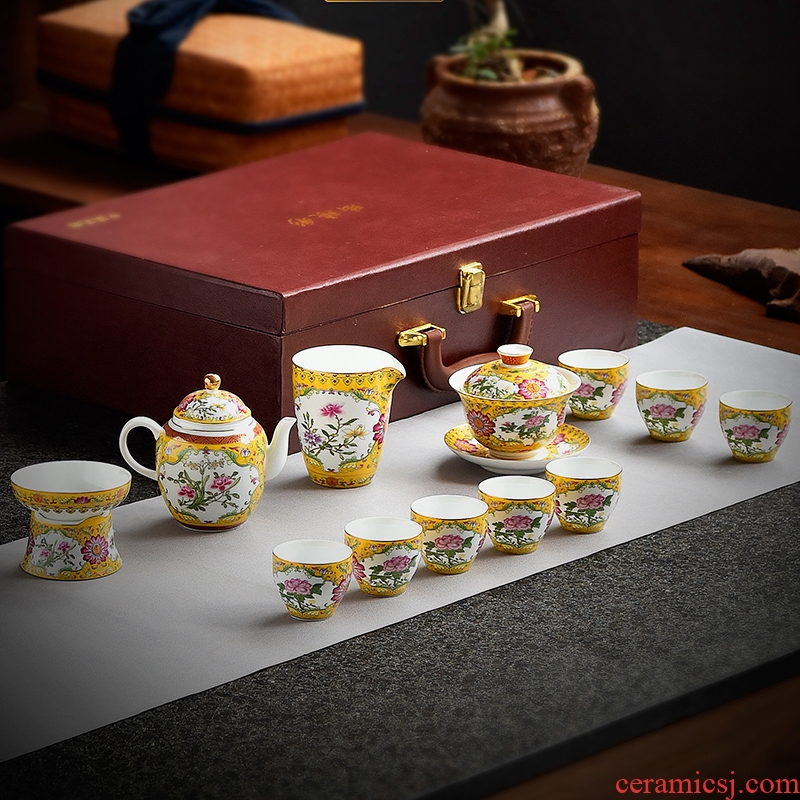 Artisan fairy tea set suits for Chinese style household contracted ceramics enamel high - end kung fu tea set lid of a complete set of dishes
