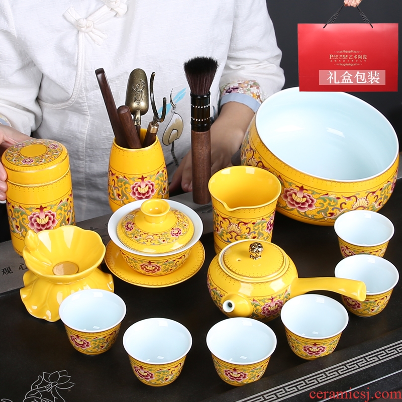 Colored enamel porcelain tea sets tea tureen tea pot for wash tea caddy fixings jingdezhen kung fu tea set