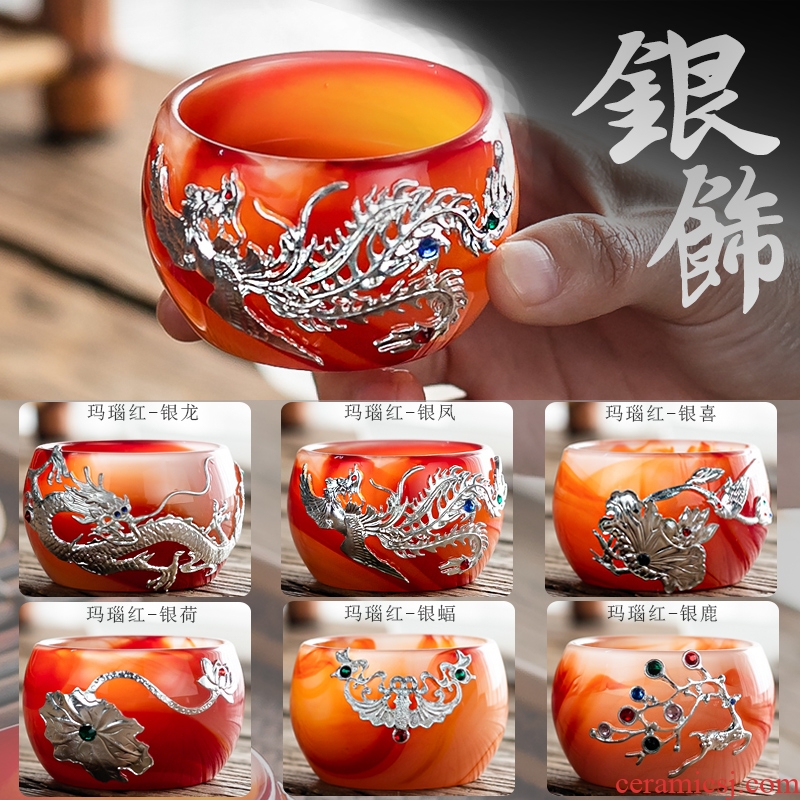 Silver, red agate jade porcelain teacup master cup sample tea cup upset coloured glaze jade tea cup small kung fu tea set