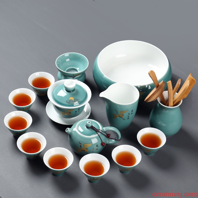 Sweet uncluttered gold ceramic kung fu tea set suit household ji celadon perfectly playable cup tea Japanese contracted tureen teapots
