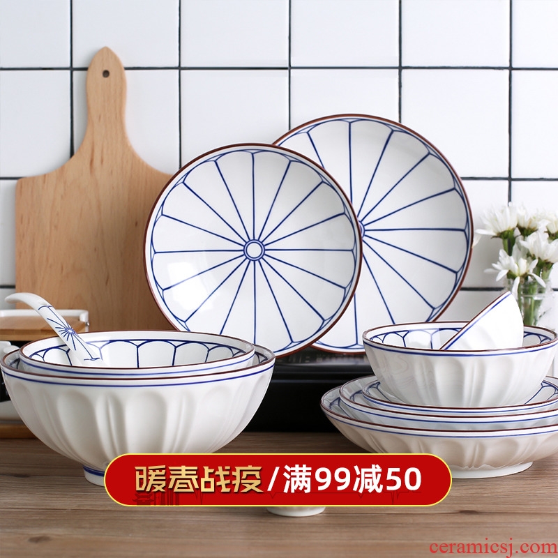 Sichuan island house young Japanese contracted blue line ceramic plate household rainbow such as bowl of soup bowl dish dish of rice bowls plate