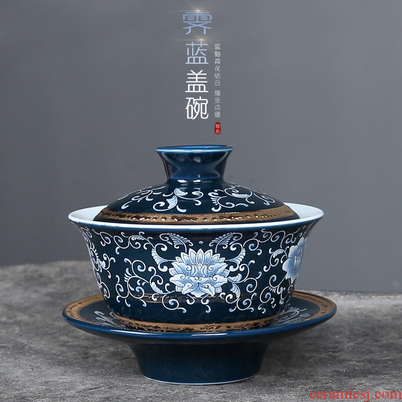 Tureen tea bowl large ceramic kung fu tea tea set jingdezhen blue and white porcelain bowl three bowl of a single tea taking