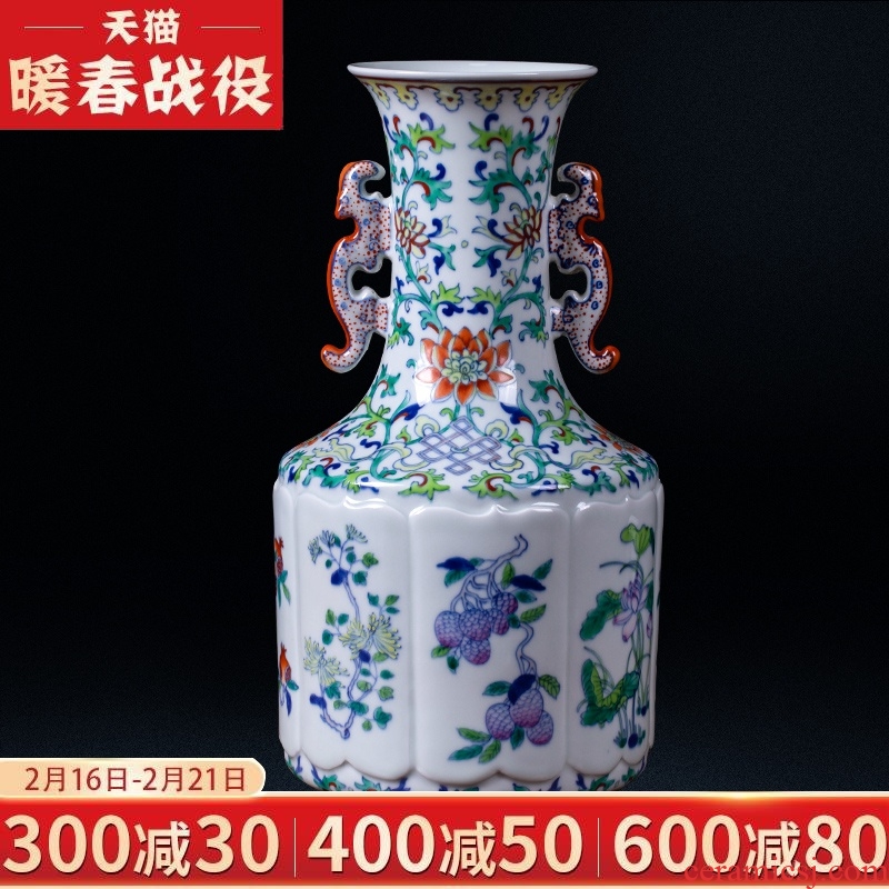 Jingdezhen ceramic vases, antique color bucket ears porcelain vase Chinese style living room porch TV ark adornment furnishing articles