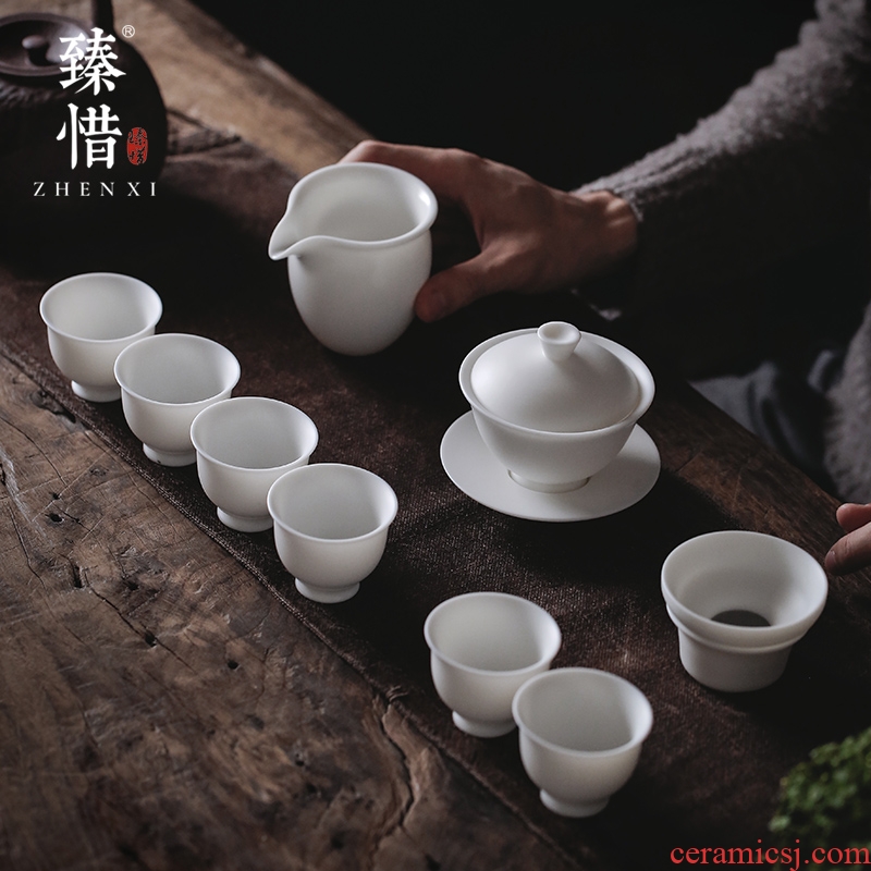 By understanding the modern Chinese dehua suet white jade porcelain kung fu tea set home tea three GaiWanCha taking