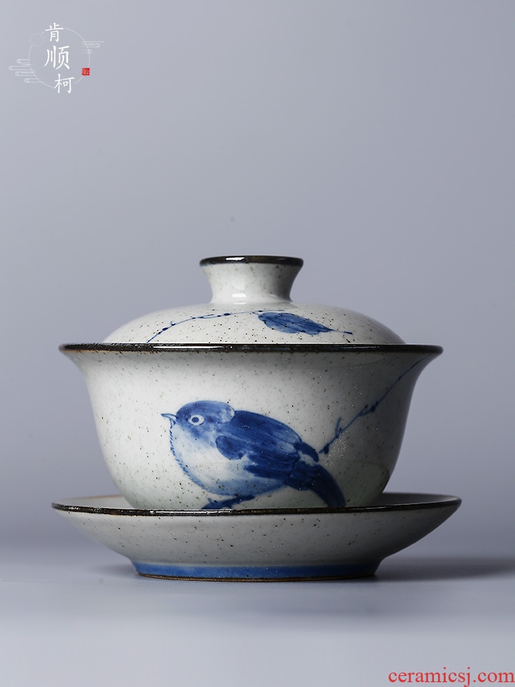 Pure manual jingdezhen blue and white hand made clay riches and honour bird only three tureen kunfu tea tea bowl of tea cup hot woman