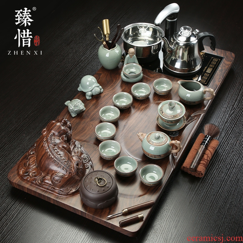 Cherish the mythical wild animal by electric magnetic furnace tea table solid wood tea tray was kung fu tea set suit household contracted ceramic tea pot