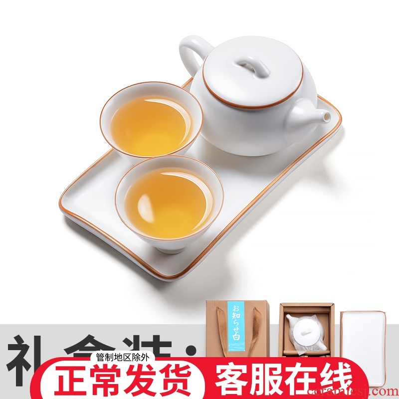 White porcelain pot 2 cup crack cup home portable bag ceramic stone gourd ladle pot of kung fu tea sets tea tray is small