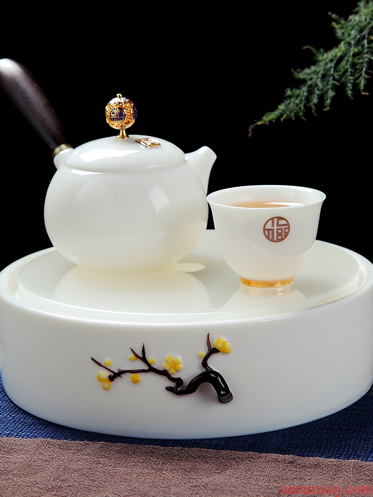 Jingdezhen kung fu tea set suit household contracted suet jade white porcelain ceramic tureen teapot tea tray cups