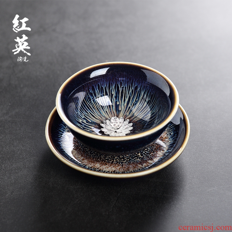 Red the jingdezhen ceramic household suit with silver sample tea cup built Red glaze, the master cup single CPU kung fu tea cups