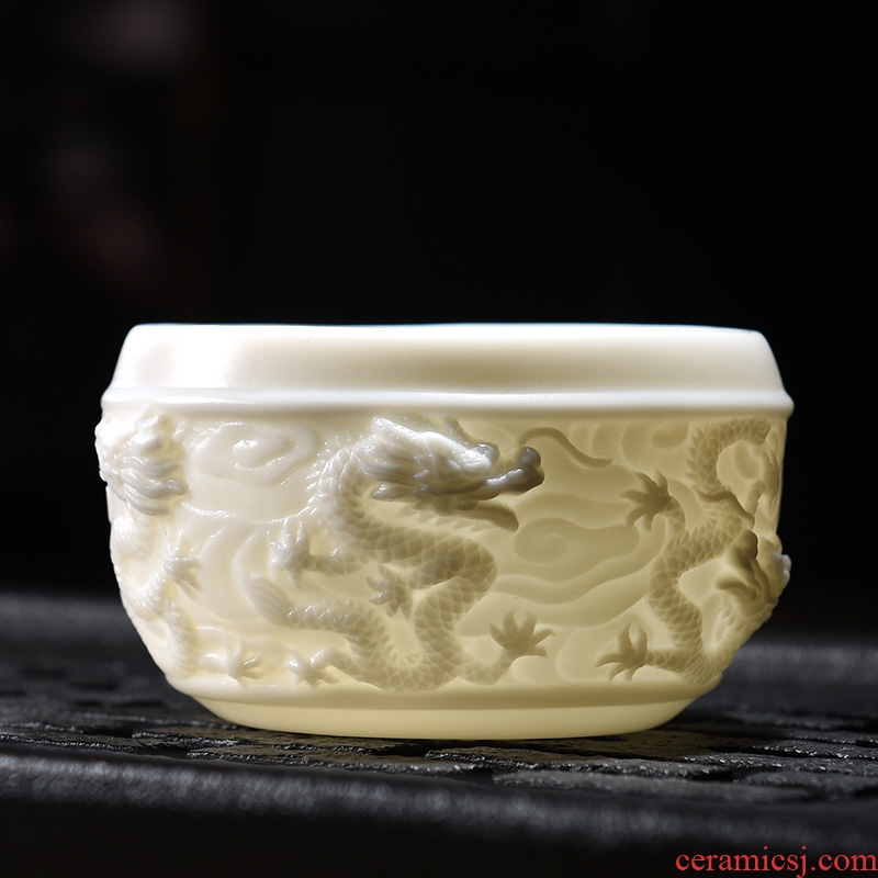Dehua white porcelain teacup suet jade ceramic kung fu tea set sample tea cup master cup single CPU jade porcelain its dragon tea light
