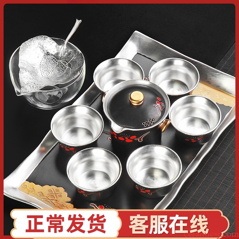 High - grade silver tea sets, 999 sterling silver tea set ceramic teapot teacup tea home office of a complete set of kung fu