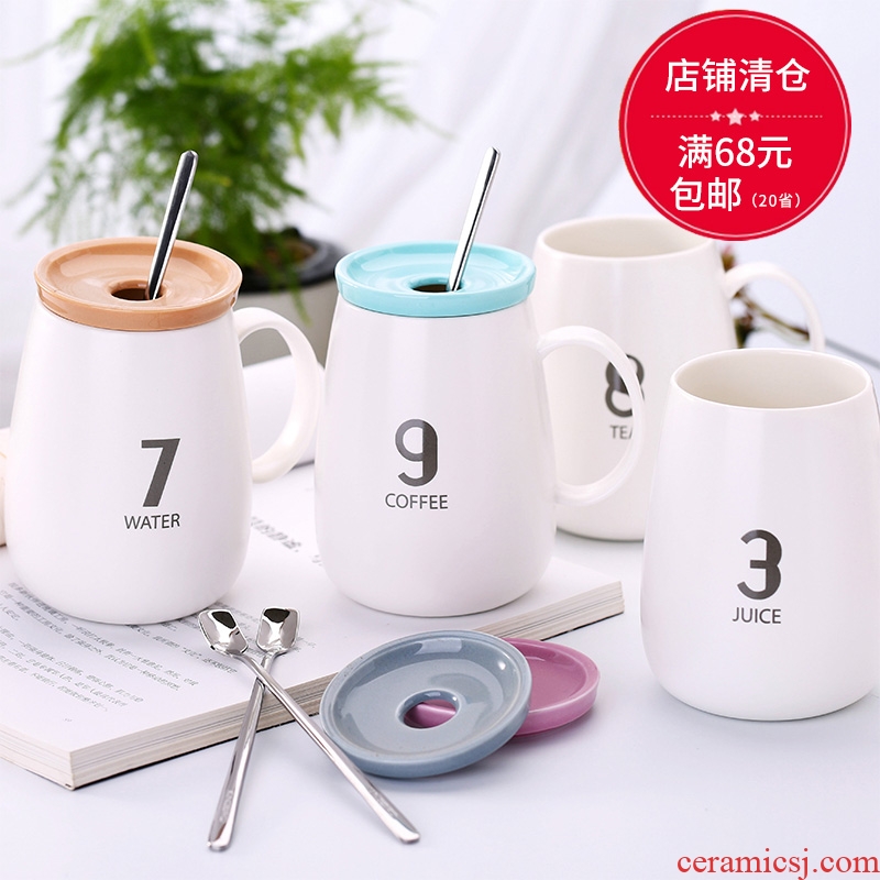 Creative ceramic water cups with cover with a spoon, keller digital coffee lovers milk cup high - capacity package mail