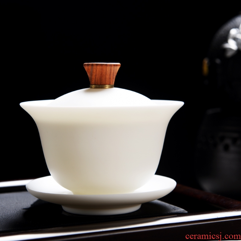 Dehua white porcelain ceramic checking tea tureen three cups to bowl bowl suet jade kung fu tea tea tureen