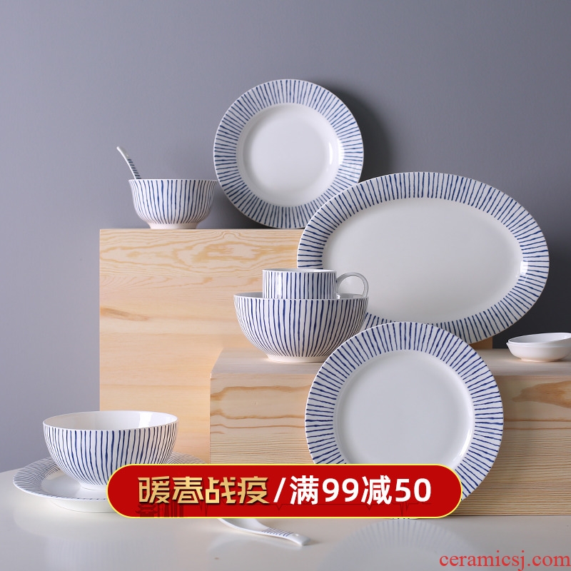 Japanese style restoring ancient ways hand made blue line series tableware ceramic plate disc rice bowls mugs PZ - 40