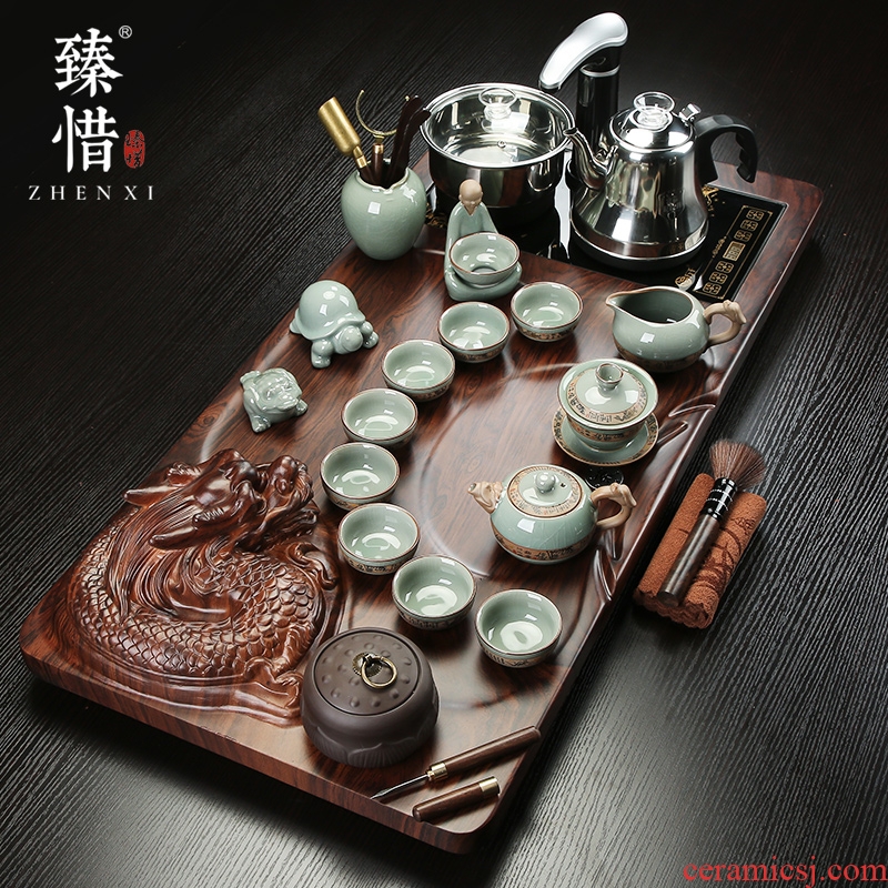 "Precious little dragon tea tray was kung fu tea set household contracted ceramic cups magnetic electric furnace solid wood tea tea taking