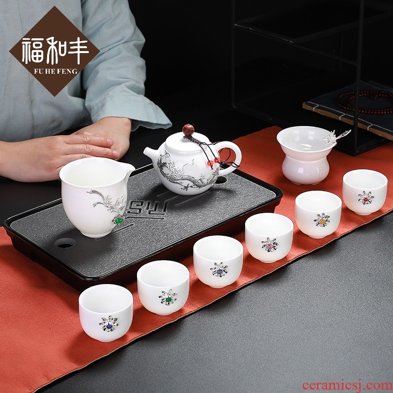 F the who contracted white porcelain kung fu tea set ceramic teapot teacup box of a complete set of creative household with silver
