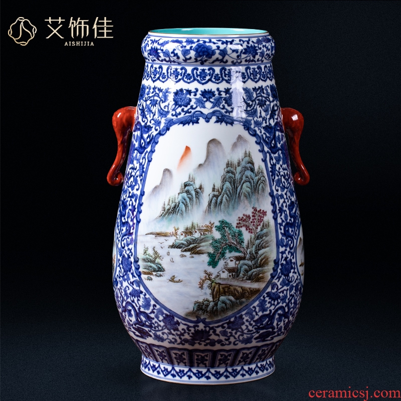Blue and white landscape ears trunk jingdezhen ceramics imitation qianlong vase flower arranging home sitting room adornment of the study