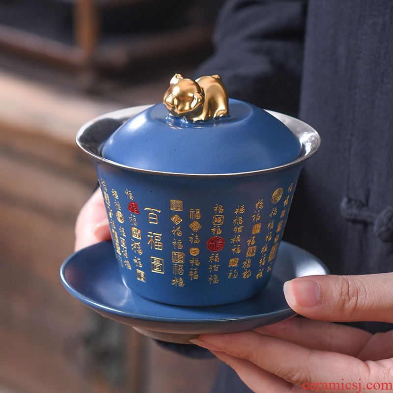 Checking out ceramic paint silver tureen sterling silver 999 jingdezhen kung fu tea set three tureen tea bowl is home