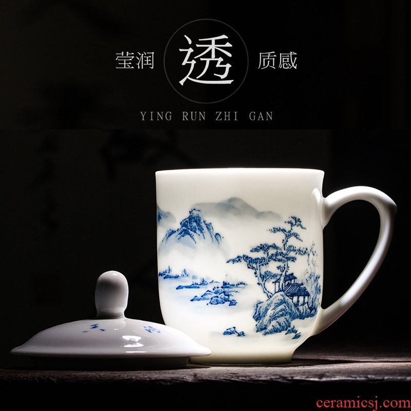 Jingdezhen hand - made office under glaze blue and white porcelain cups with cover and meeting room glass personal custom ipads China cups