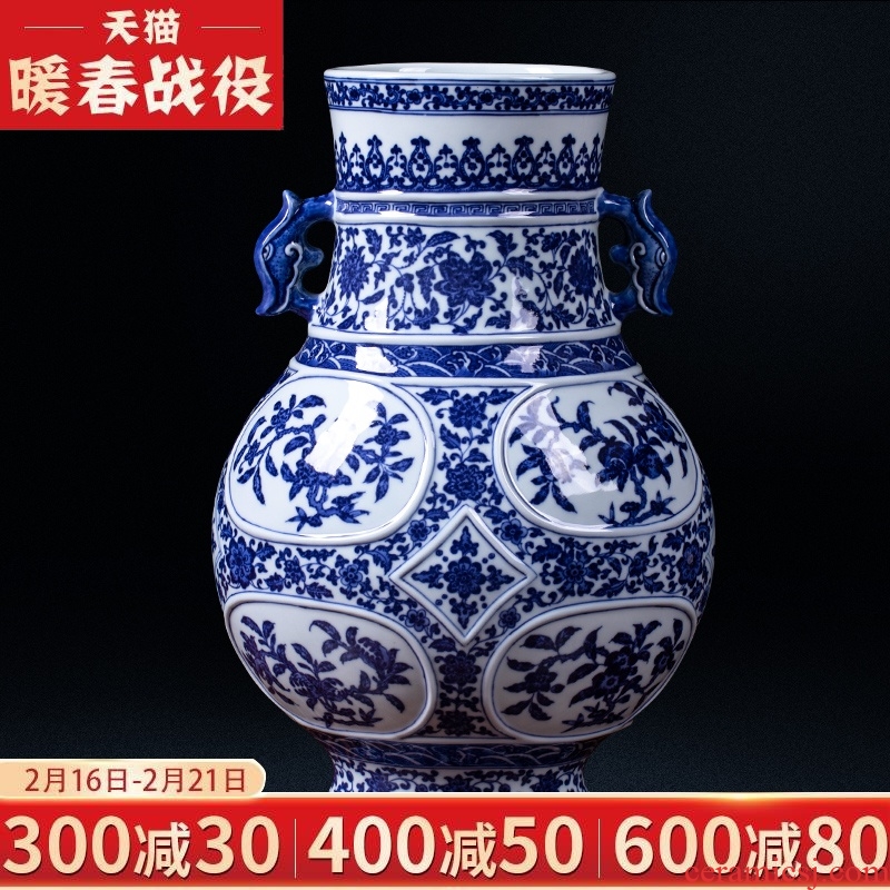 Jingdezhen ceramics antique hand - made the ears of the blue and white porcelain vases, flower arrangement sitting room of Chinese style household decorations furnishing articles