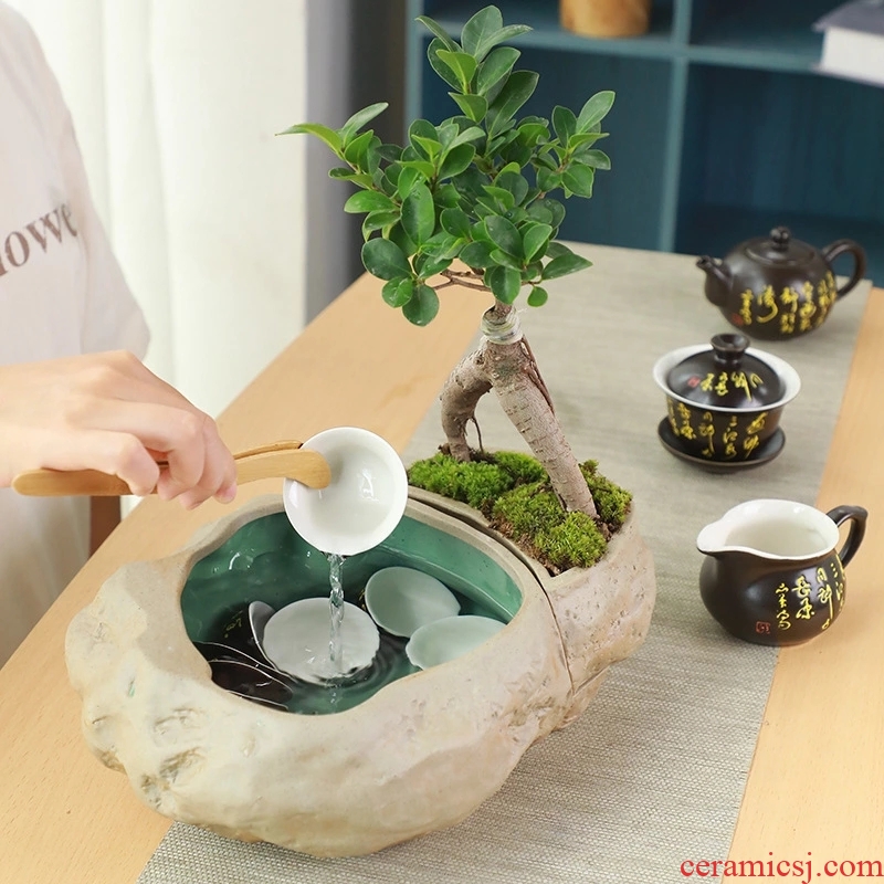 Restoring ancient ways of household coarse ceramic tea wash bowl imitation stone basin kung fu tea tea cups accessories asparagus potted plant