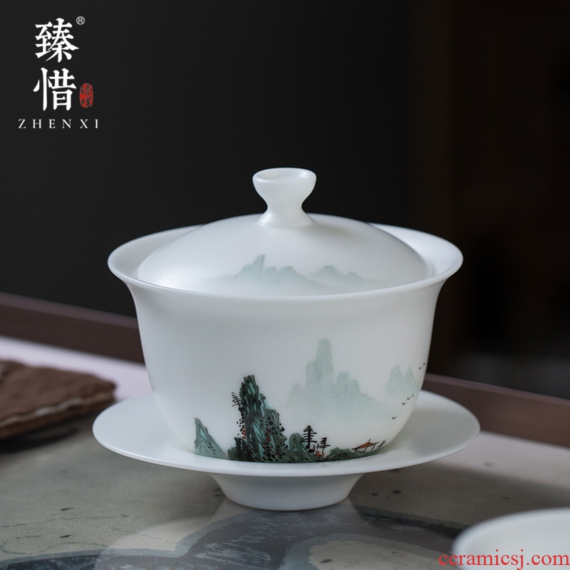 "Precious little hand - made aoyama, abbreviation suet jade white porcelain three tureen high - end kung fu tea cup bowl is home
