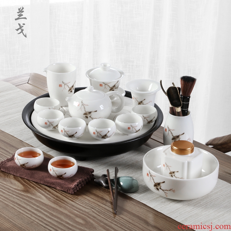Blue gold mineralization white porcelain kung fu tea set household tureen ceramic tea cups accessories large teapot tea tray
