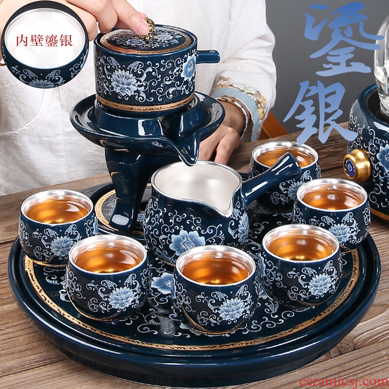 Chinese style is contracted kung fu tea set manual 999 tasted silver gilding ceramic teapot drainage of blue and white porcelain tea tray tea table