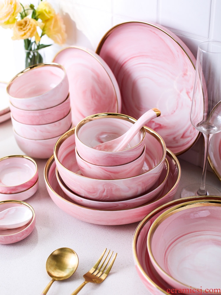 Island house ins in up phnom penh pink marble ceramic tableware plate household food dish bowl bowl rainbow such use A - 46