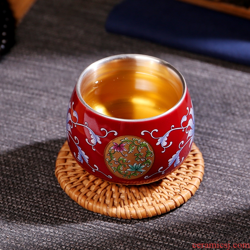 Vintage 999 sterling silver ceramic cup coppering. As silver sample tea cup kung fu tea colored enamel single cup silver master cup of tea