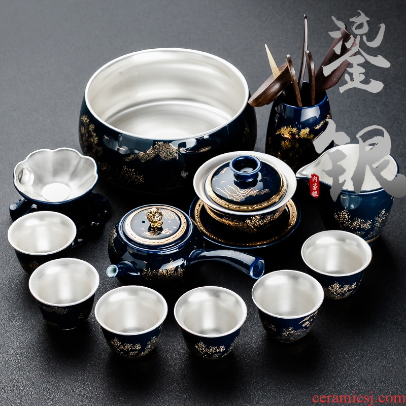 NiuRenLiu silver kung fu tea set suit household teapot teacup of blue and white porcelain ceramic office gift of a complete set of tea sets