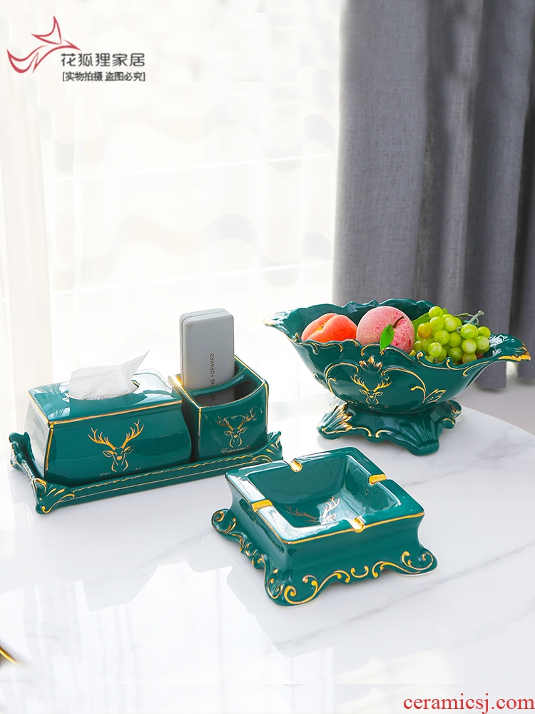 Light European - style key-2 luxury compote three - piece ceramic fruit bowl tissue boxes suit sitting room tea table household decorative furnishing articles