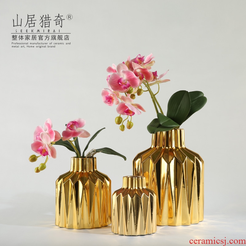 Modern electroplating gold ceramic flower arranging flower implement geometric origami vase sitting room TV ark, home decoration furnishing articles