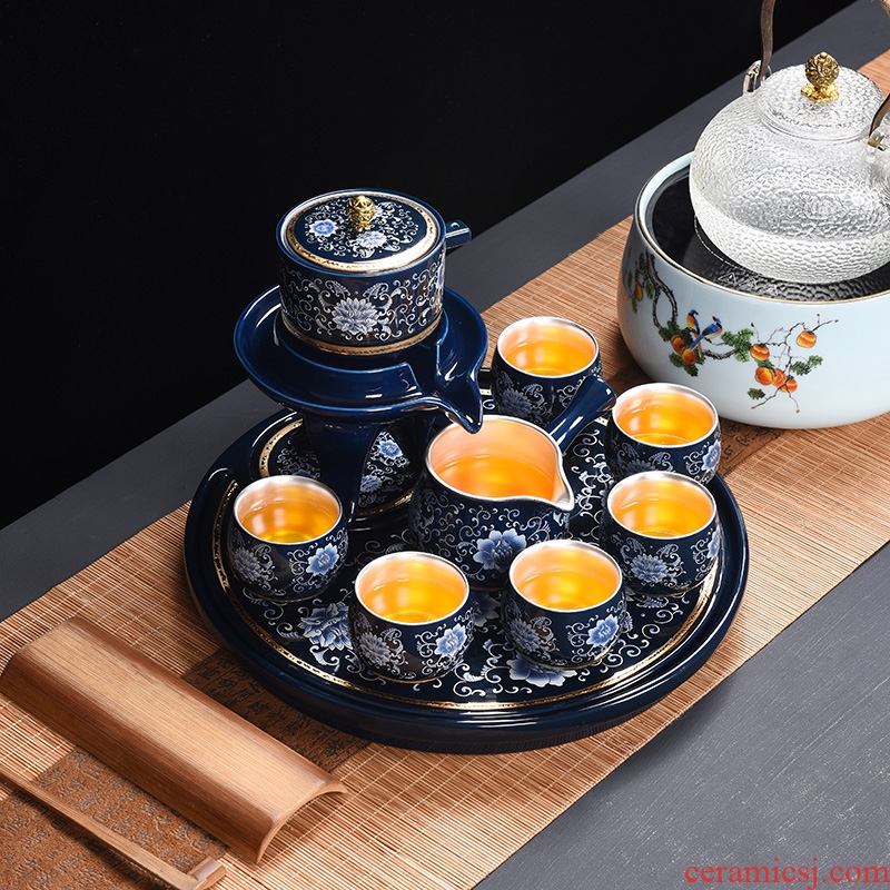 Jingdezhen ceramic tea set automatically lazy silver tea ware kung fu tea set silver suit dry mercifully tea tray household